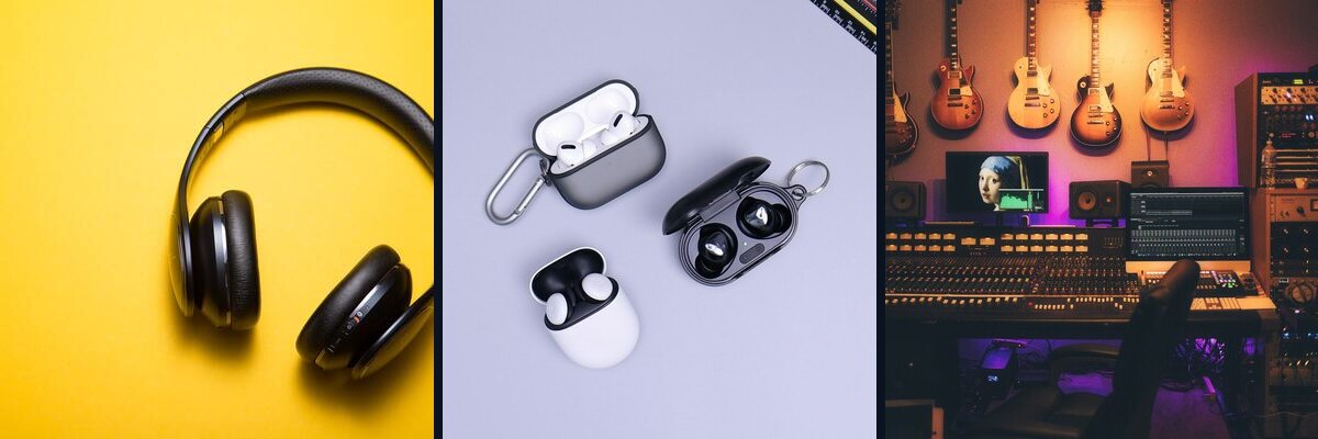 Montage photo audio : casques, écouteurs et studio